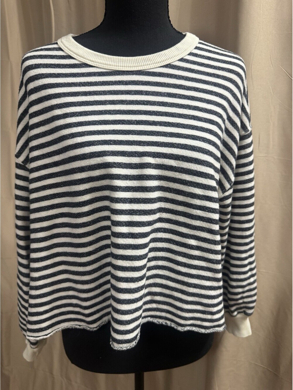 The Great Women’s Blue White Striped Cotton Knit Lightweight Ribbed CrewSweater
